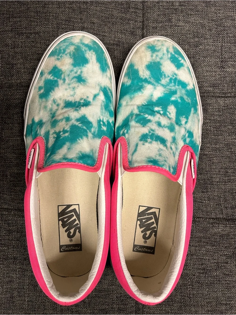 Vans Custom Slip-On Sneakers in Teal & Hot Pink. Size 9.5 men’s. Gently worn